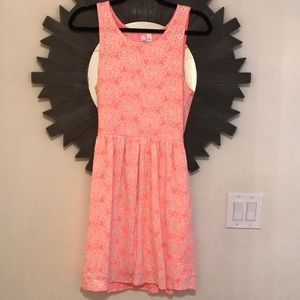 Coral fit and flare dress with lace detail